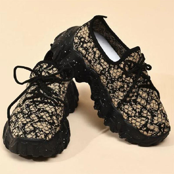 Herstyled Women's Chic Flyknit Fabric Color-Blocking Lace Up Platform Sneakers