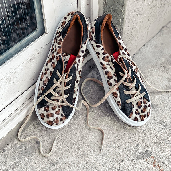 Herstyled Women's Comfortable Street Leopard Leather Sneakers