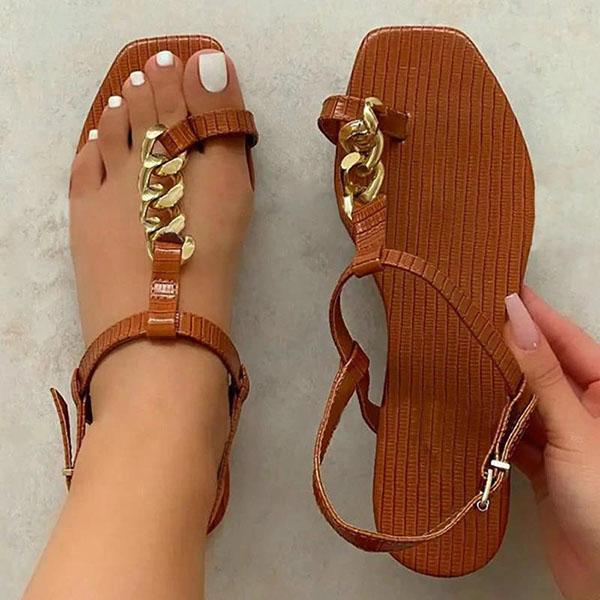 Herstyled Women Fashion Pu Chic Chain Toe Loop Adjusting Buckle Flat Sandals