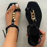 Herstyled Women Fashion Pu Chic Chain Toe Loop Adjusting Buckle Flat Sandals