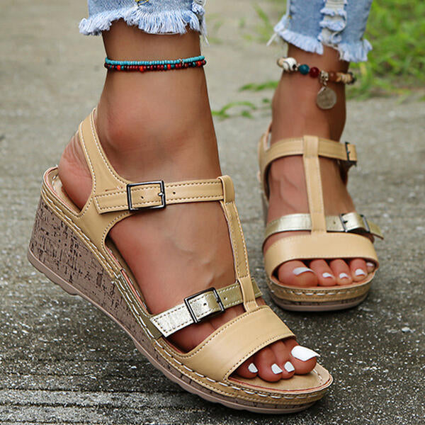 Herstyled Women's Comfy Hollow-Out Splice Color Wedge Heel Sandals