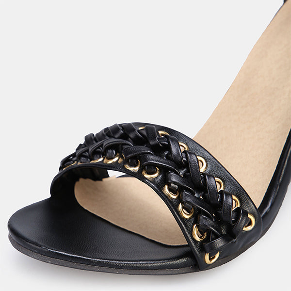 Herstyled Chic Back Zipper Woven Chunky Heel Sandals