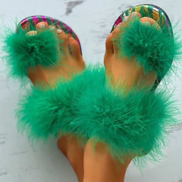 Herstyled 
Feather Detail Toe Post Slide Slippers