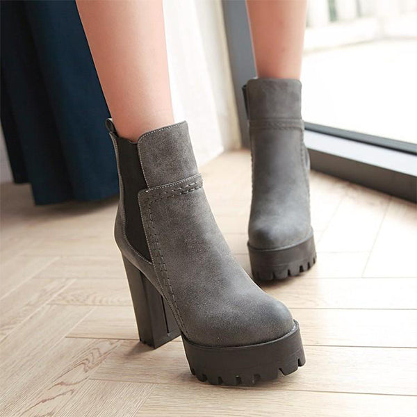 Herstyled Platform Round Toe High Chunky Heels Short Boots