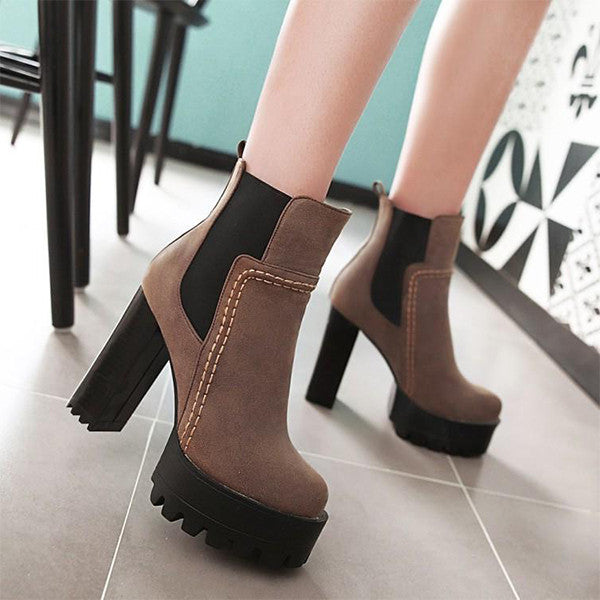 Herstyled Platform Round Toe High Chunky Heels Short Boots