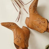 Herstyled Short Cane Embroidered Leather Boots