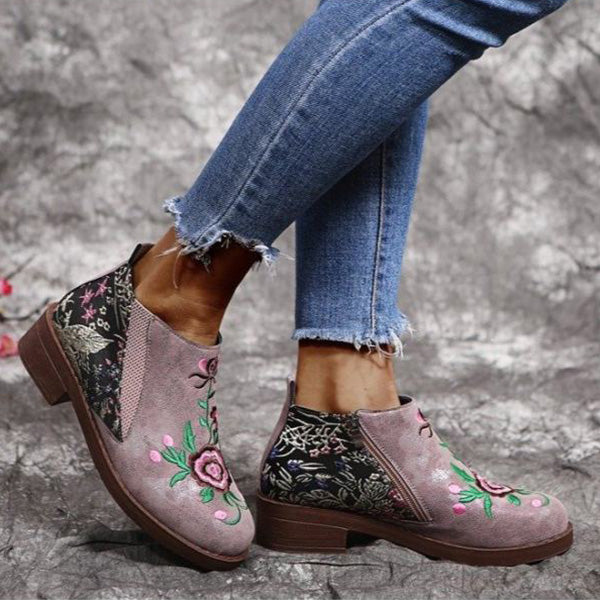 Herstyled Women's Retro Hand-Embroidered Thick Heel Ankle Boots