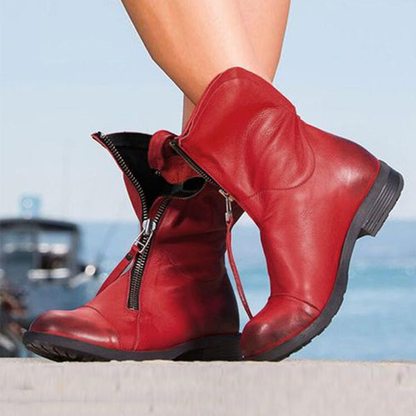 Herstyled Women Casual Retro Front Zipper Comfortable Flat Short Calf Combat Boots