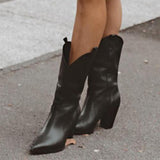 Herstyled Wetern Plain Pointed Toe Chunky Heel Boots