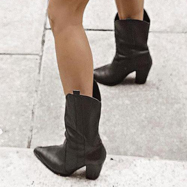 Herstyled Wetern Plain Pointed Toe Chunky Heel Boots