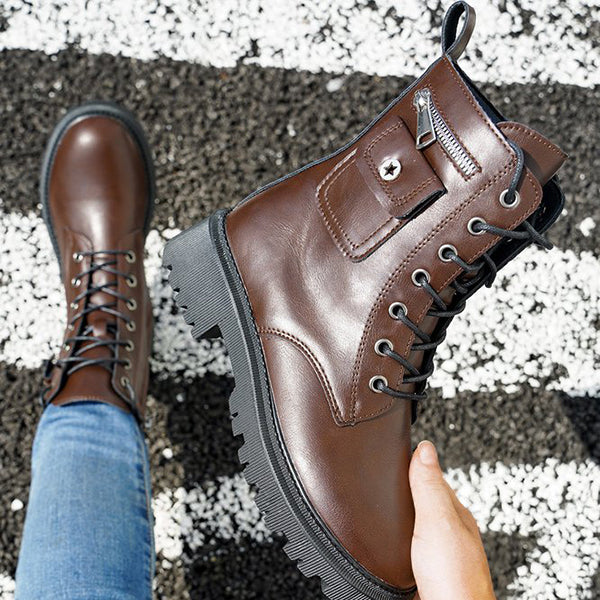 Herstyled Retro Lace-Up Zipper Boots