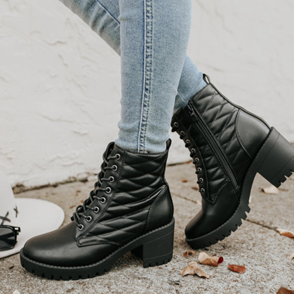 Herstyled Faux Leather Lace Up Black Quilted Booties