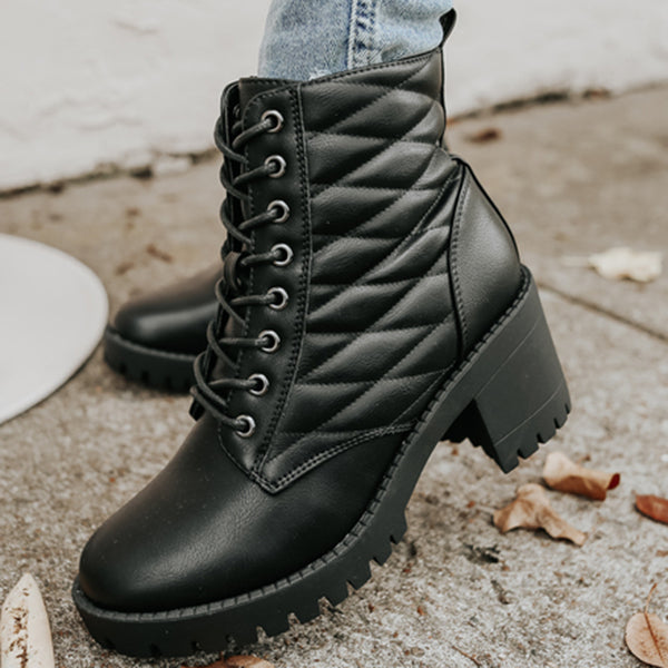 Herstyled Faux Leather Lace Up Black Quilted Booties