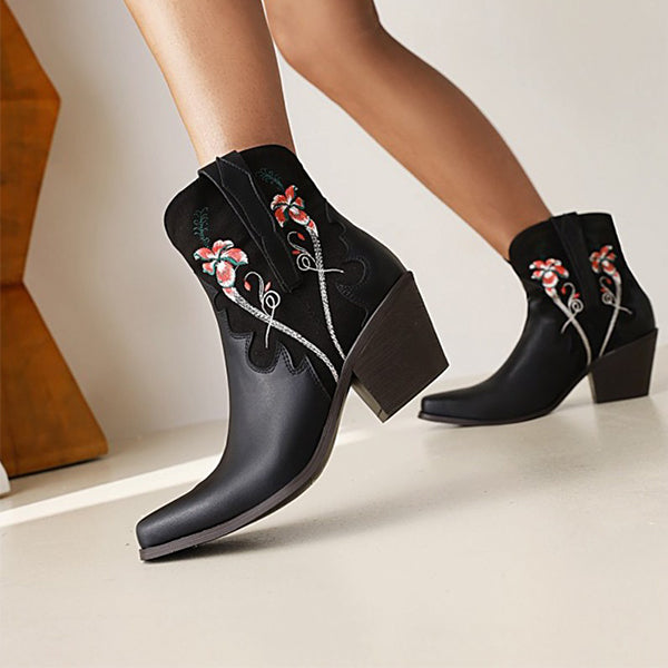 Herstyled Ladies Vintage Floral Embroidery Western Boots