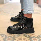 Herstyled Women's Punk Leopard Stiching Lace Up Boots