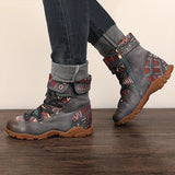 Herstyled Retro Casual Splicing Jacquard Lace Up Comfy Flat Boots