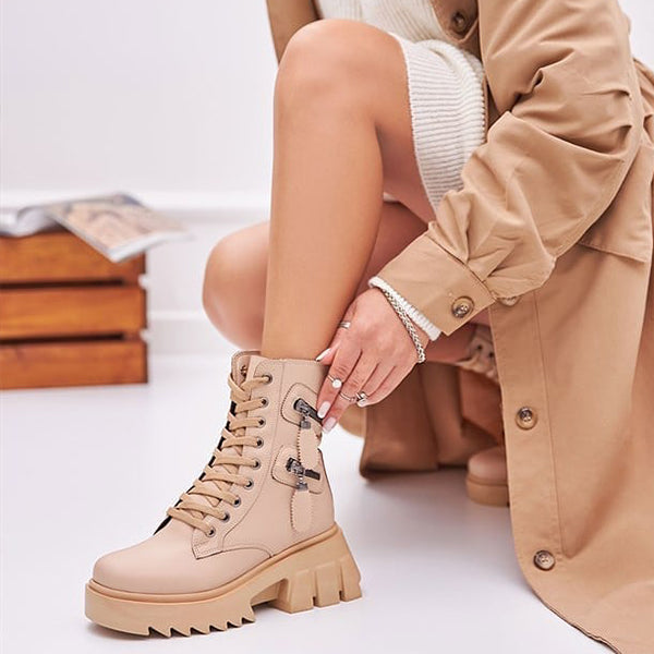 Herstyled Nude Zippers Decor Lace Up Combat Boots