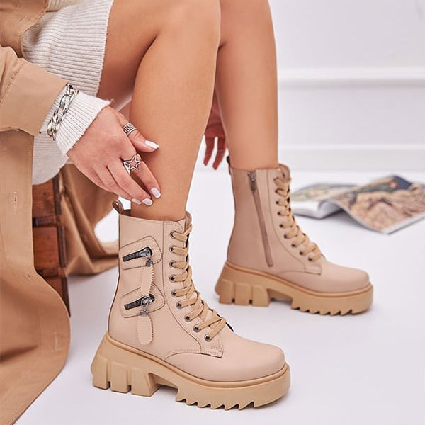 Herstyled Nude Zippers Decor Lace Up Combat Boots