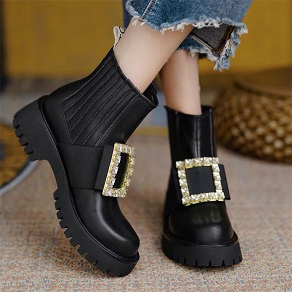 Herstyled Big Rhinestone Square Buckle Ankle Boots