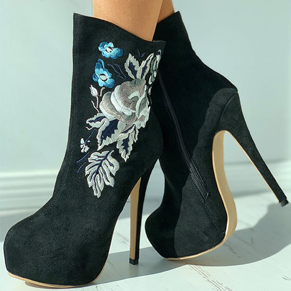 Herstyled Floral Embroidery Vegan Suede Stiletto Heel Boots