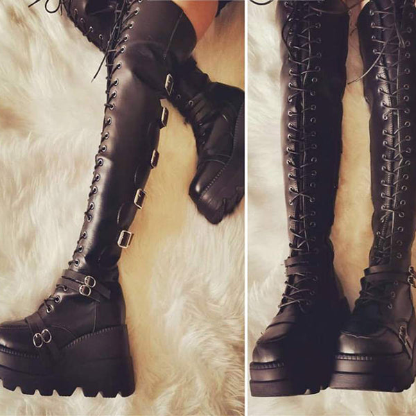 Herstyled Womens Gothic Fashion Buckle High Heel Boots