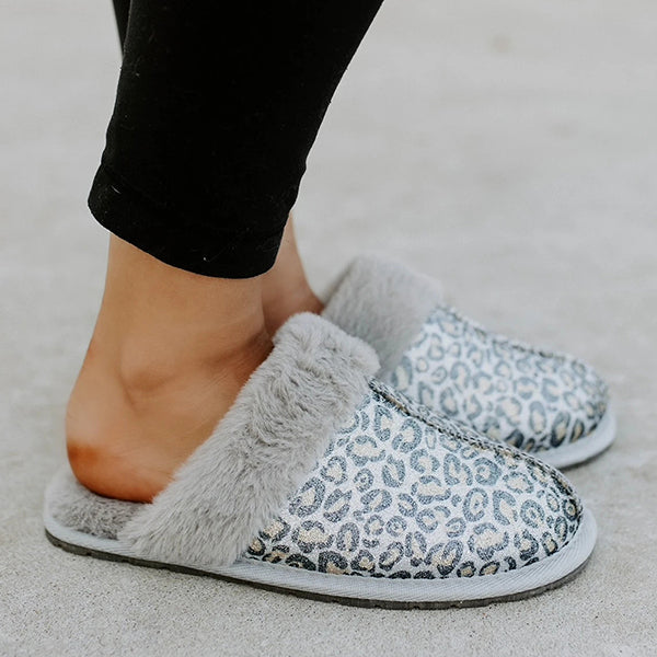 Herstyled Metallic Leopard Print Comfort Fur Slippers