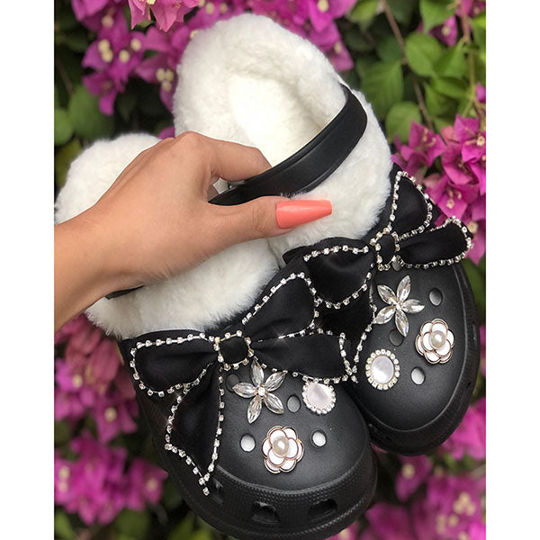 Herstyled Floral Bowknot Pattern Rhinestone Lined Fluffy Slippers