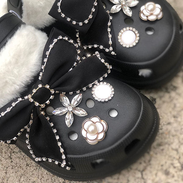 Herstyled Floral Bowknot Pattern Rhinestone Lined Fluffy Slippers