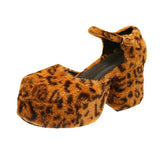Herstyled Women's Square Toe Leopard Print Plush Cutout Chunky Heels