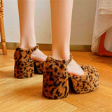 Herstyled Women's Square Toe Leopard Print Plush Cutout Chunky Heels