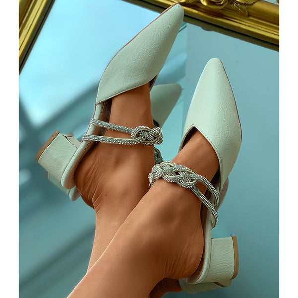 Herstyled Rhinestone Twisted Strap Pointed Toe Chunky Mules