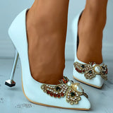 Herstyled Butterfly Pattern Studded Faux Pearl Decor Pyramid Pumps