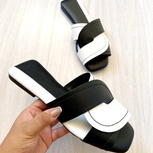 Herstyled Casual White And Black Flat Slip On Sandals