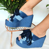 Herstyled Casual Peep Toe Denim Lace Up Wedge Sandals