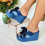 Herstyled Casual Peep Toe Denim Lace Up Wedge Sandals