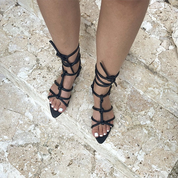 Herstyled Trendy Pointed Toe Thick Straps Lace Up Sandals