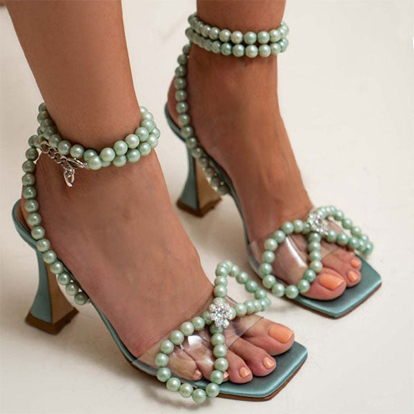 Herstyled Elegant Square Toe Pearl Bow Mid Heels