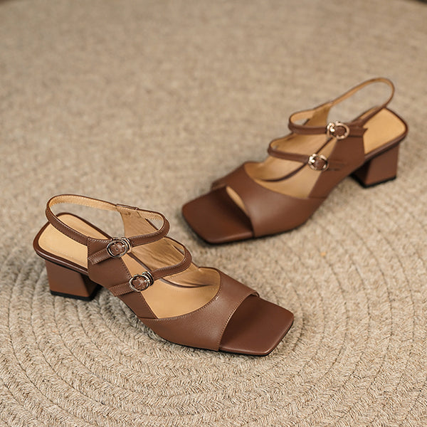 Herstyled Concise Square Toe Chunky Heel Sandals