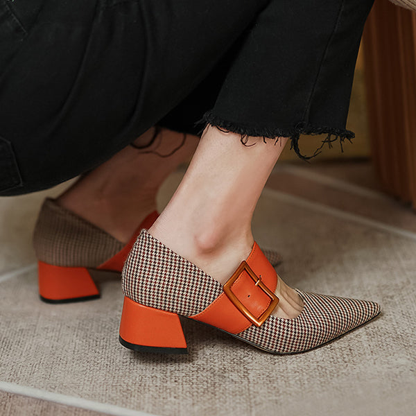 Herstyled Chic Women Plaid Pointed Toe Mary Jane Pumps