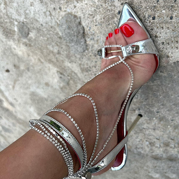 Herstyled Glorious Silver Pointed Toe Metallic Chain Decor High Heels
