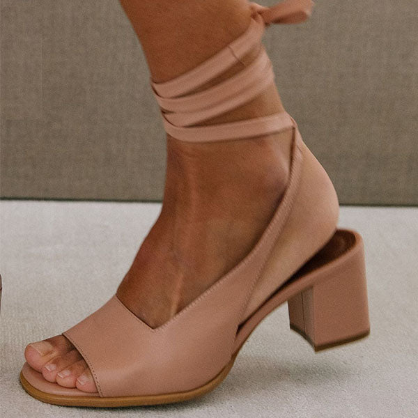 Herstyled Chic Lace Tie Up Block Heel Sandals