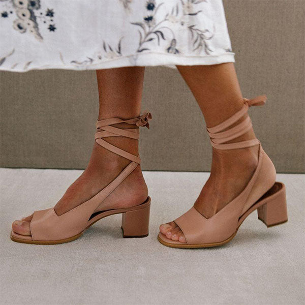 Herstyled Chic Lace Tie Up Block Heel Sandals