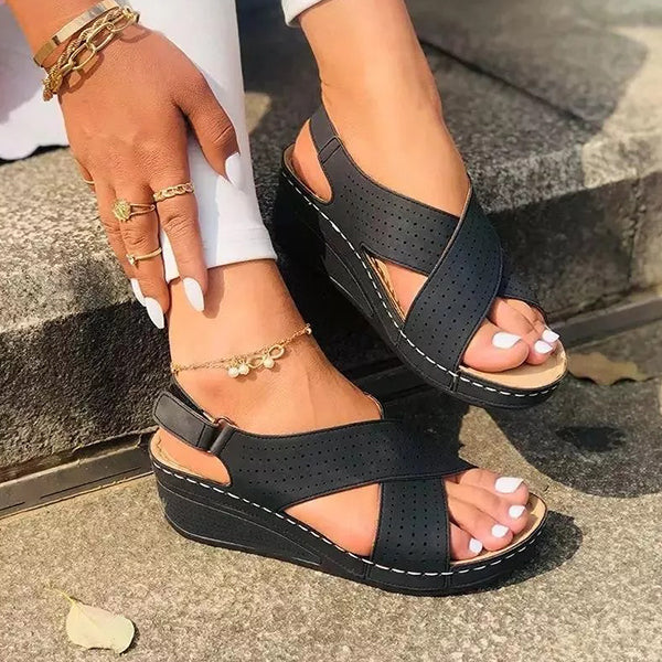 Herstyled Women's Casual Cross-Strap Magic Tape Wedge Sandals