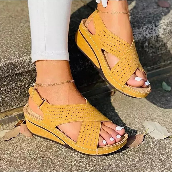 Herstyled Women's Casual Cross-Strap Magic Tape Wedge Sandals