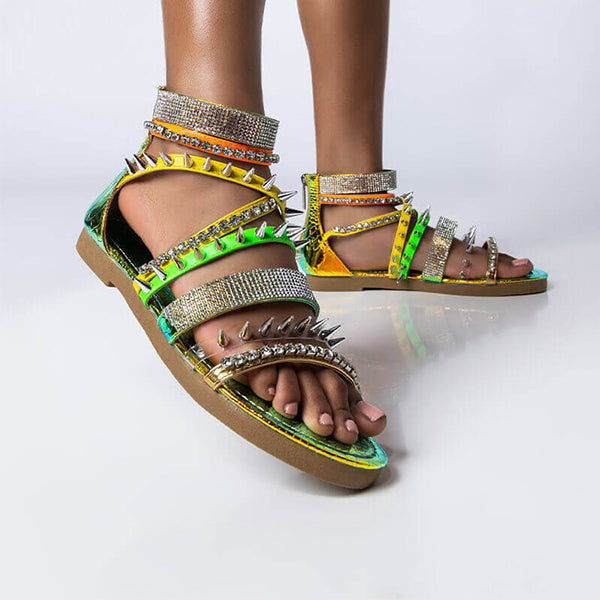Herstyled Women Geometric Rivet Zipper Strappy Sandals