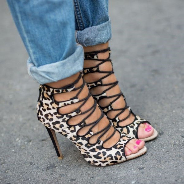 Herstyled Leopard Print Lace Up Strappy High Heels